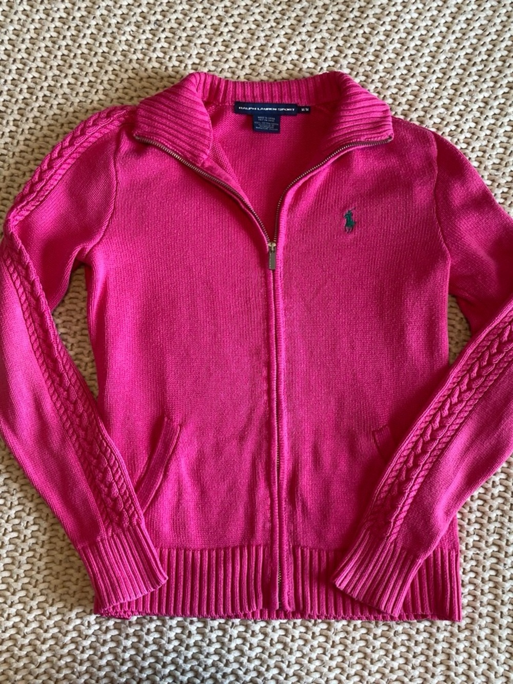 Ralph Lauren Hot Pink Zip-Front Cable Sleeve Cardigan